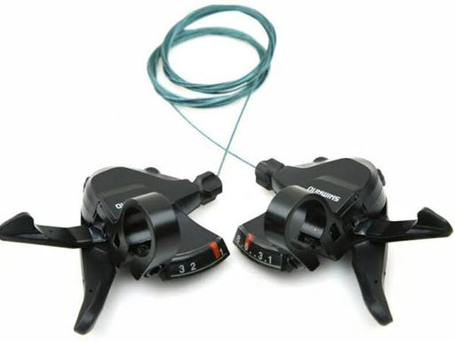 Complete view of shimano 3x7 speed Sl-M315 shifter set in black