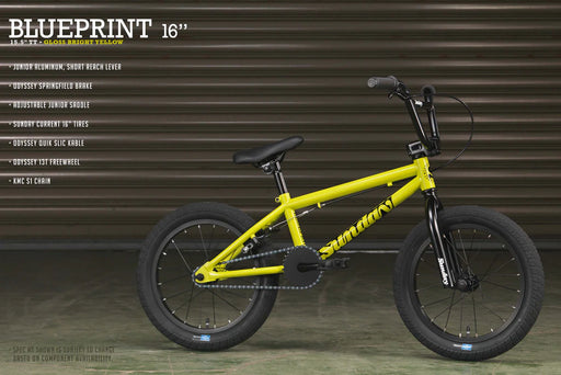 Side view of the 16" Sunday Blueprint bmx bike in yellow
