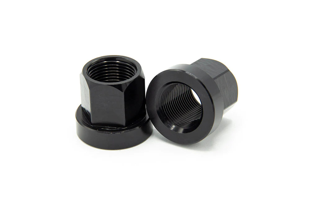 Complete view of the Theory alloy axle nuts in black